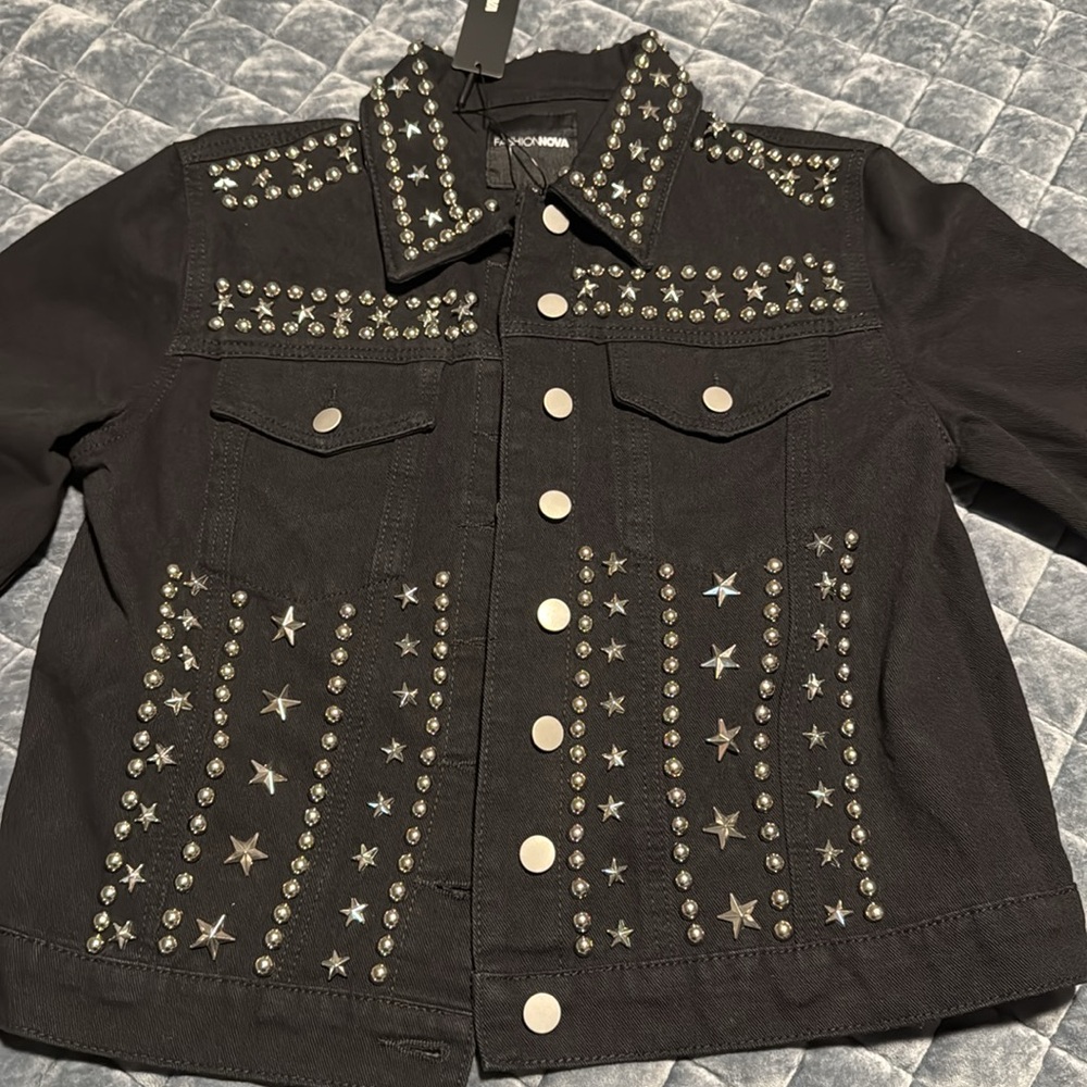 Embellished Black Denim Jacket with Stars